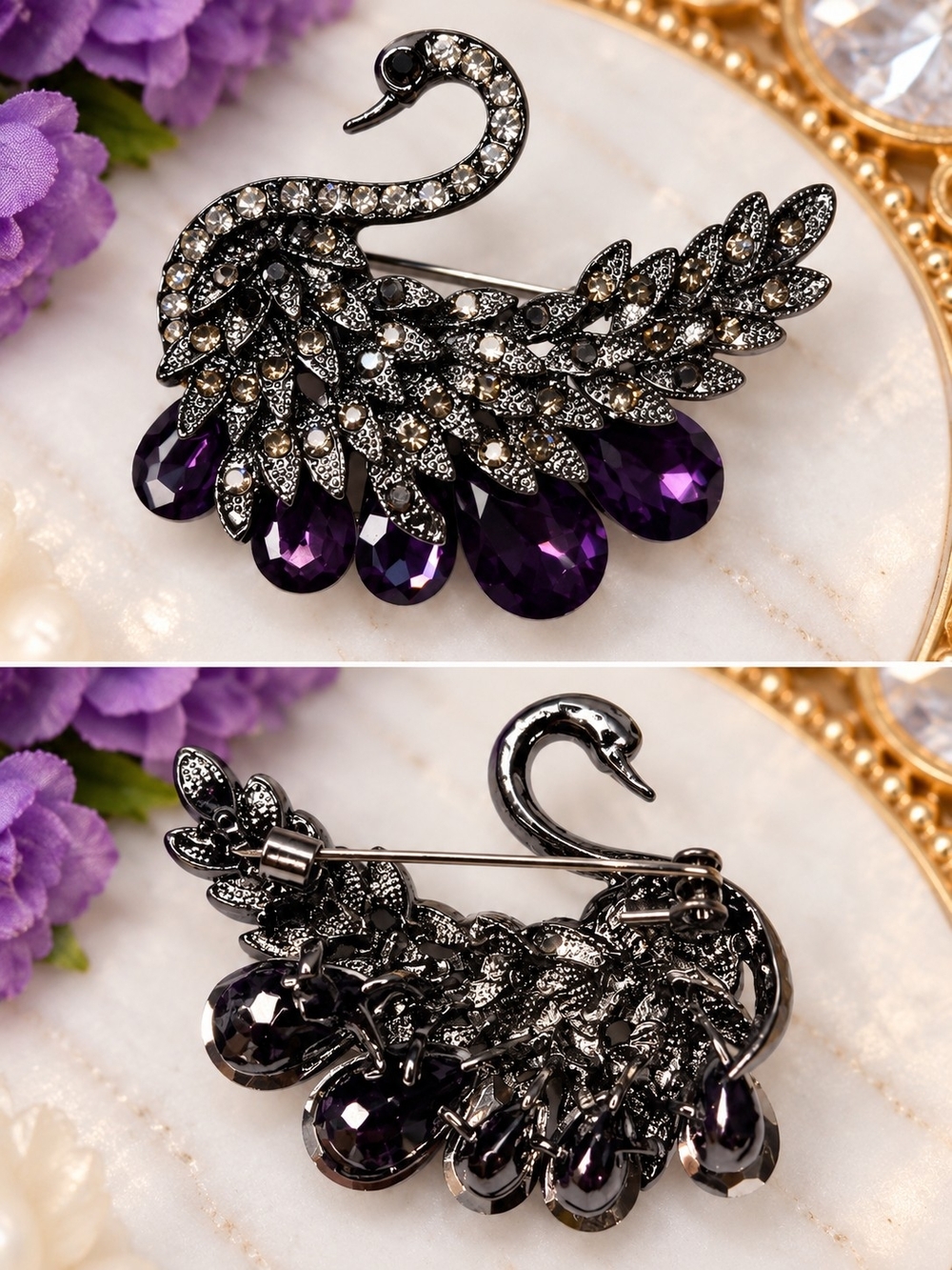 Purple Crystal Swan Statement Brooch 🦢💜